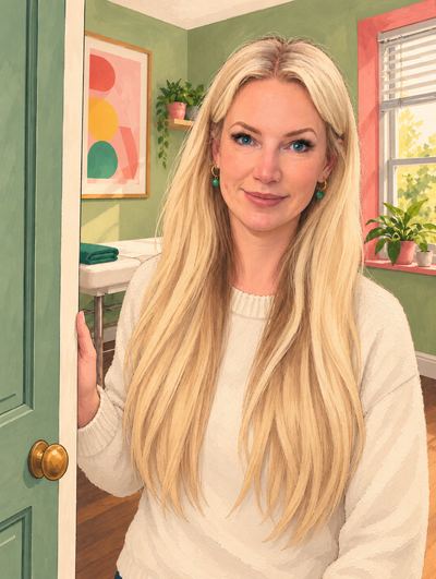Painting of Heather at the door of her treatment room