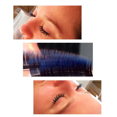Three tilted lash photos on white, one with a blue lash tray