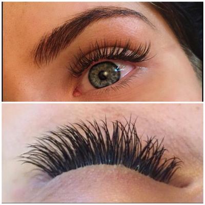 Two stacked lash photos: eye with brow above, close-up of dark volume lashes below