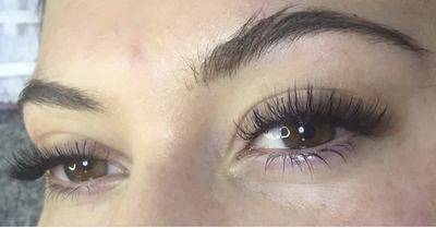 Close-up of a volume lash set on a brown eye with brow