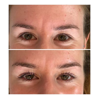 Before and after: lashes lifted and tinted on a client with green eyes