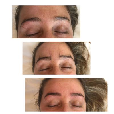 Three microblading stages on a client with mid-length highlighted hair